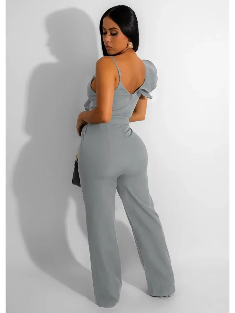 👗 Women's Light Gray Ruffle One Shoulder Wide Leg Belted Romper Casual Jumpsuit